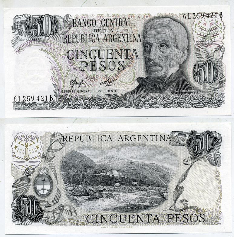 АРГЕНТИНА 50 ПЕСО 1977 СЕРИЯ В 61259, ГЕНЕРАЛ САН МАРТИН Pick 301b бумага UNC (ПРЕСС) 7485-32-2