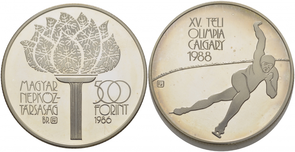 Венгрия 500 форинтов 1986 XIV зимние Олимпийские игры в Сараево, конькобежец KM 659 серебро PROOF 11-181-44