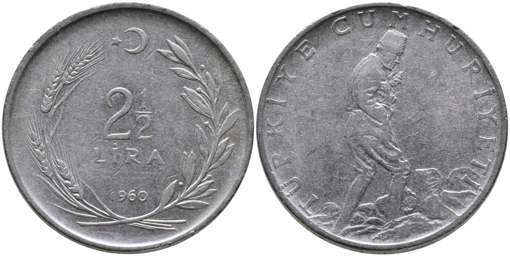 ТУРЦИЯ 2 1/2 ЛИРЫ 1960 KM 893.1 нержавеющая сталь 29-1014