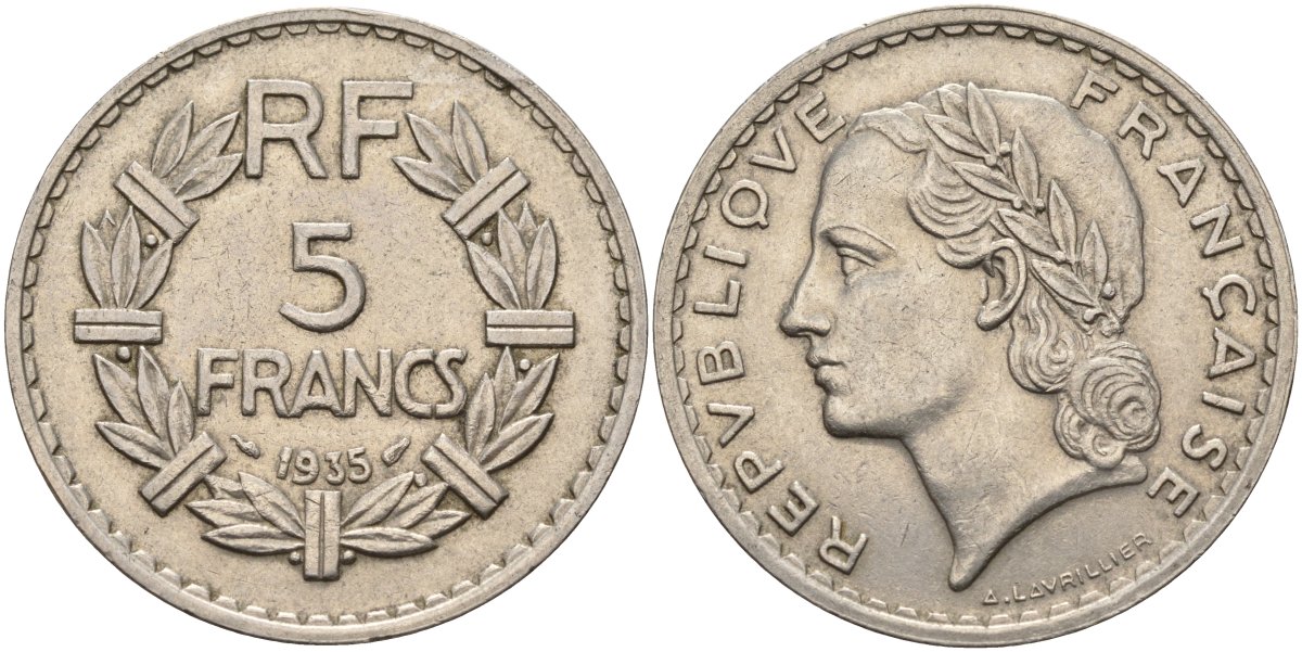 Франция 5 франков 1935 KM 888 никель 4144-421