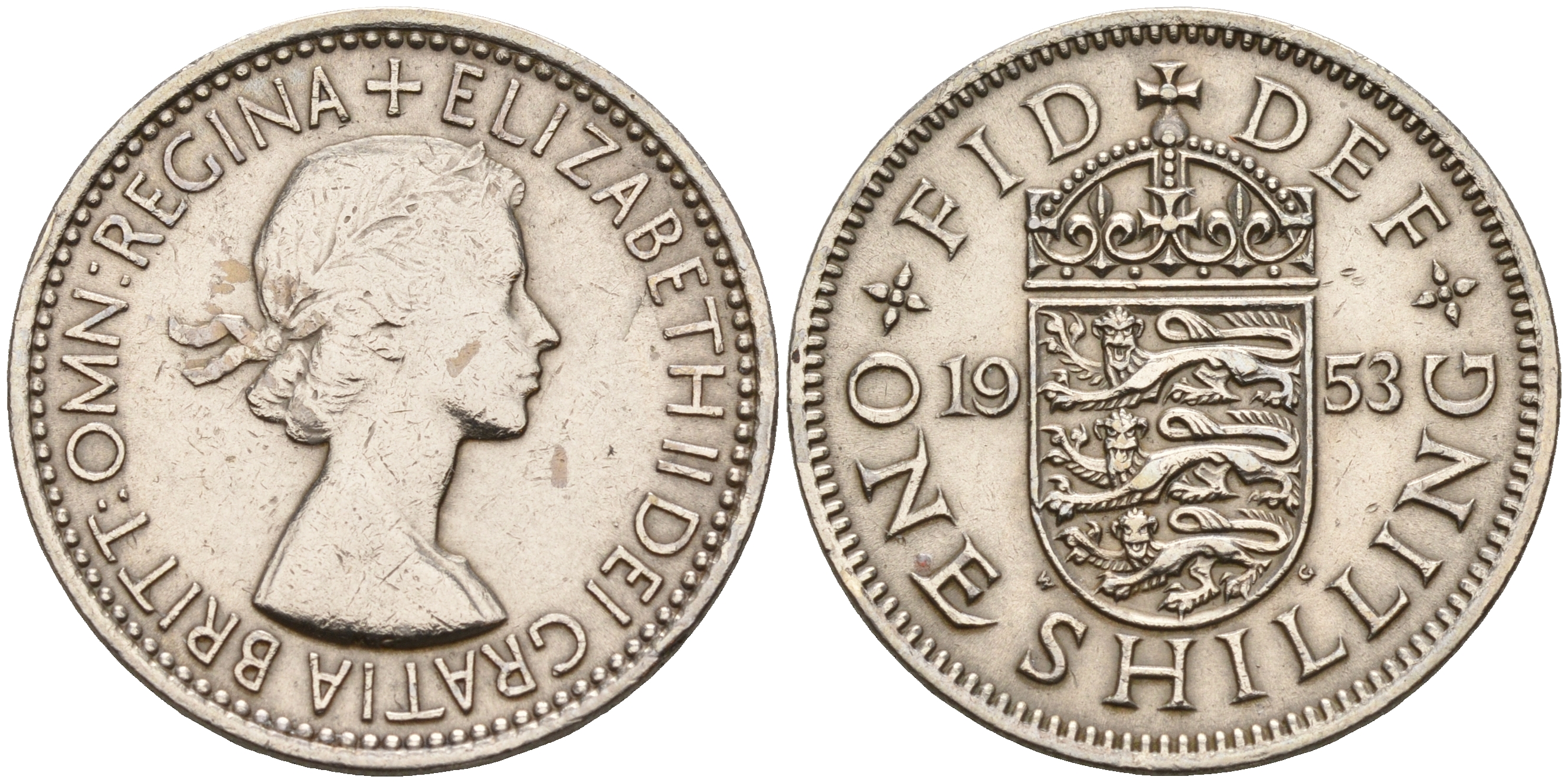 Великобритания 1 шиллинг 1953 Елизавета II (1952-2022), Английский герб KM 890, Spink 4139 медно-никель    4153-336