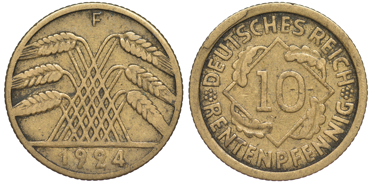 Германия 10 рентенпфеннигов 1924 F KM 33, J. 309 алюминиевая бронза 4604-646
