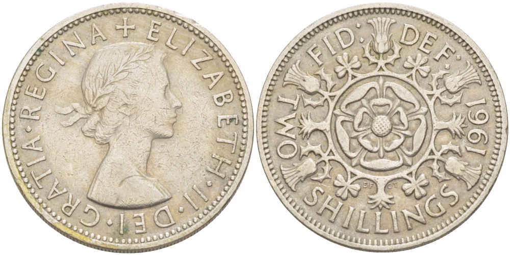 Великобритания 2 шиллинга (флорин) 1961 Елизавета II (1952-2022) KM 906, Spink 4146 медно-никель 215-226