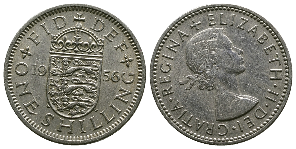 Великобритания 1 шиллинг 1956 Елизавета II (1952-2022), Английский герб KM 904, Spink 4147 медно-никель 4384-326