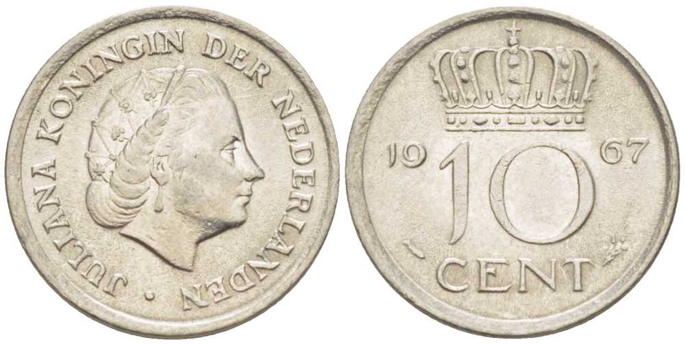 НИДЕРЛАНДЫ 10 ЦЕНТОВ 1967 ЮЛИАНА (1948-1980) KM 182 никель 214-1227