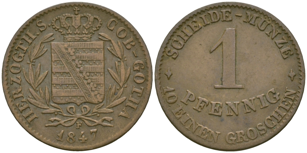 Саксен-Кобург и Гота 1 пфенниг 1847 F KM 109 медь 99-734