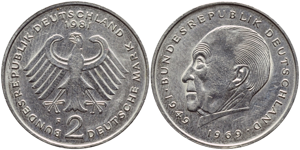 ФРГ 2 марки 1981 F, Конрад Аденауэр KM 124, J. 406 медно-никель плакированный никелем 177-724