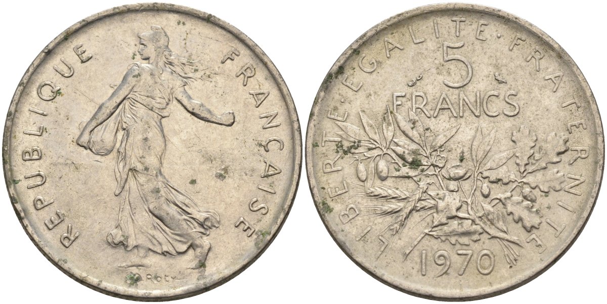 Франция 5 франков 1970 сеятель, тип сеятель KM 926a.1, Le Franc 341.2 медно-никель плакированный никелем 4117-1211