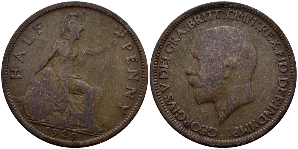 Великобритания 1/2 пенни 1929 Георг V (1910-1936) KM 837 Spink 4058 бронза 51-1814
