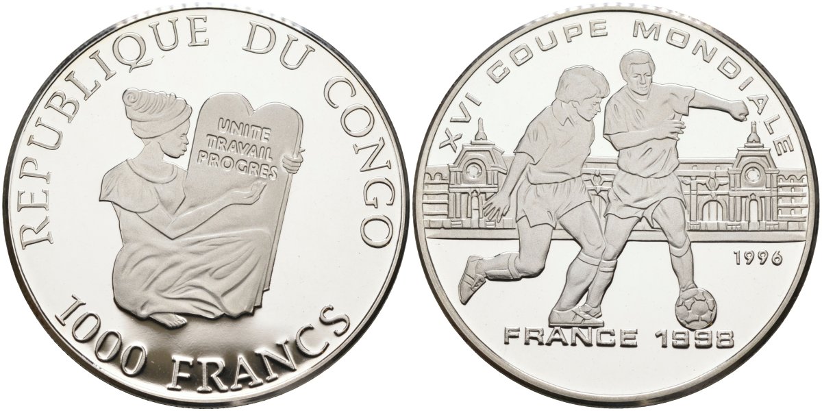 Конго 1000 франков 1996 XVI чемпионат мира по футболу 1998 года во Франции, два игрока KM 26 серебро PROOF 00-00