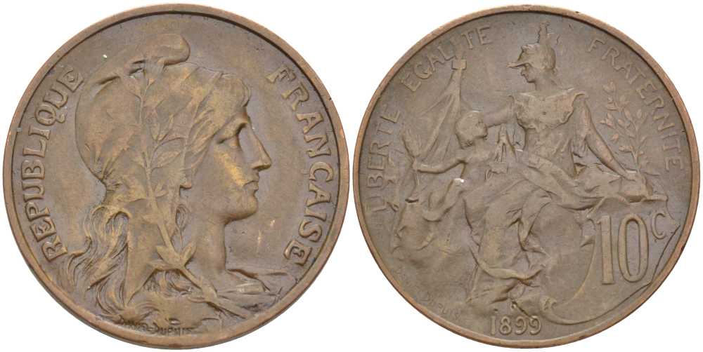 ФРАНЦИЯ 10 САНТИМОВ 1899 ТИП ДАНИЭЛЬ ДЮПЮИ KM 843, LE FRANC 136.8 бронза 180-444