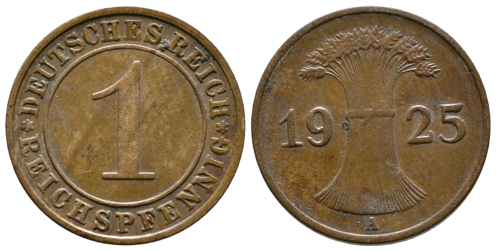 ГЕРМАНИЯ 1 РЕЙХСПФЕННИГ 1925 A KM 37, J. 313 бронза 4380-1116