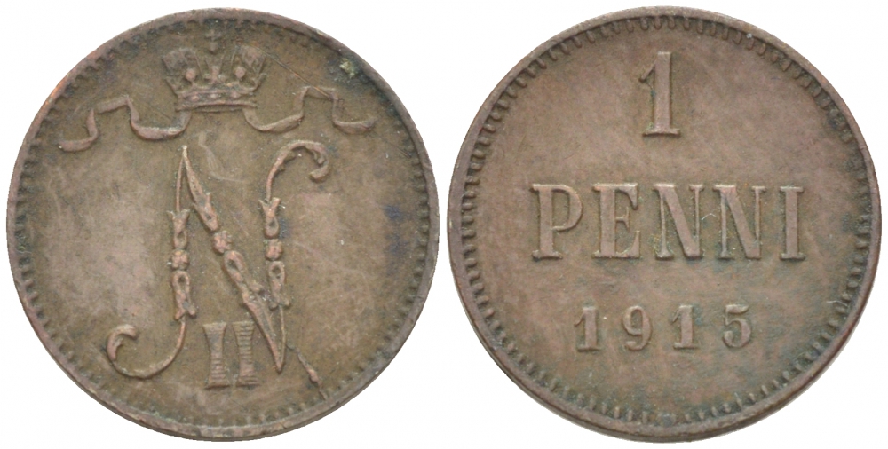 РОССИЯ ДЛЯ ФИНЛЯНДИИ 1 ПЕННИ 1915 НИКОЛАЙ II KM 13, Биткин 475 медь 4396-1446