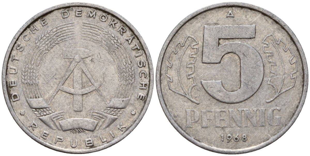 ГДР 5 пфеннигов 1968 A KM 9.1 алюминий 211-849