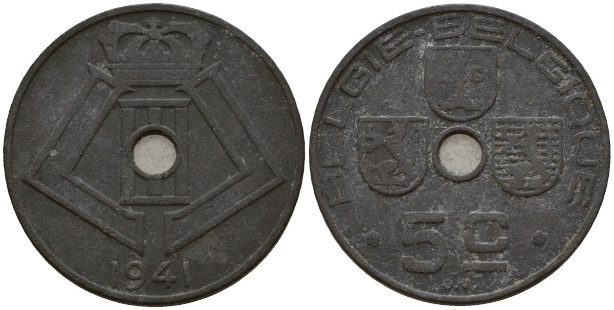 Бельгия 5 сантимов 1941 Belgie - Belgique, Леопольд III (1934-1947), германская оккупация, Вторая мировая война KM 124 цинк 4160-1128