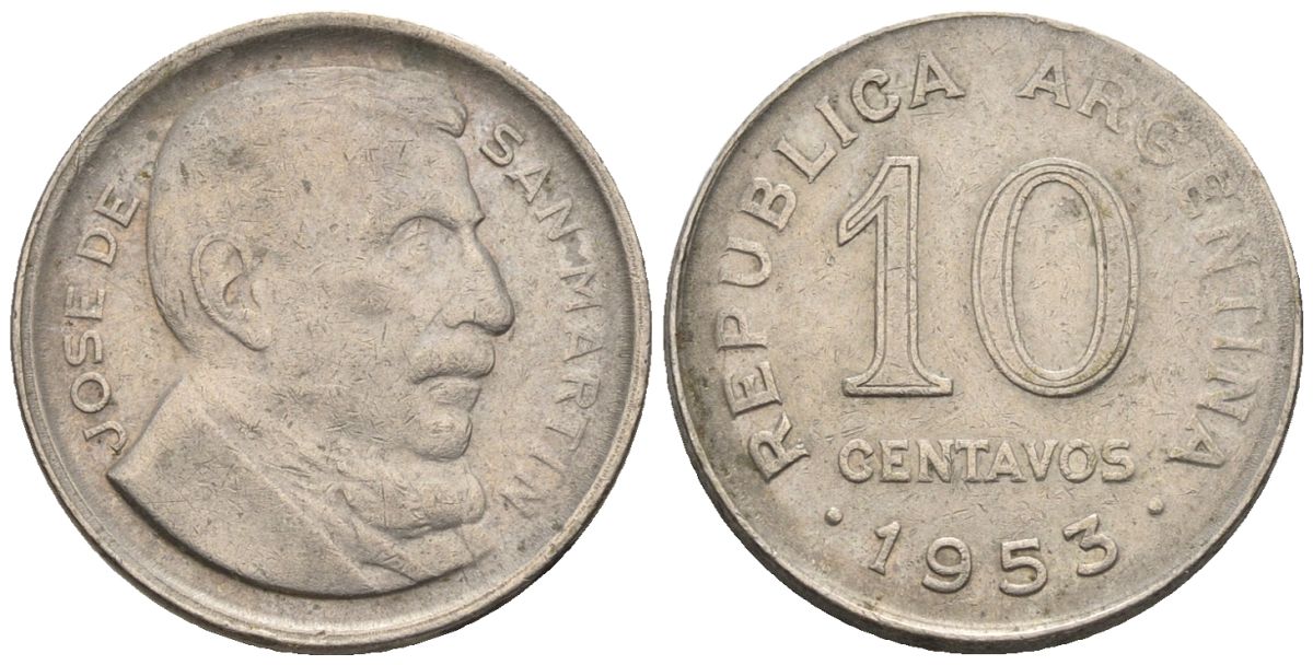 Аргентина 10 сентаво 1953 генерал Хосе де Сан Мартин KM 47a, Schon 50a.1 сталь плакированная никелем    4609-1164