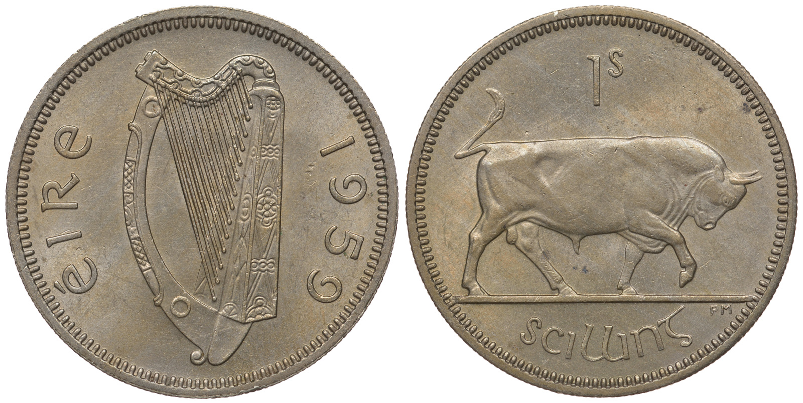 ИРЛАНДИЯ 1 ШИЛЛИНГ 1959 БЫК KM 14a медно-никель 4390-321