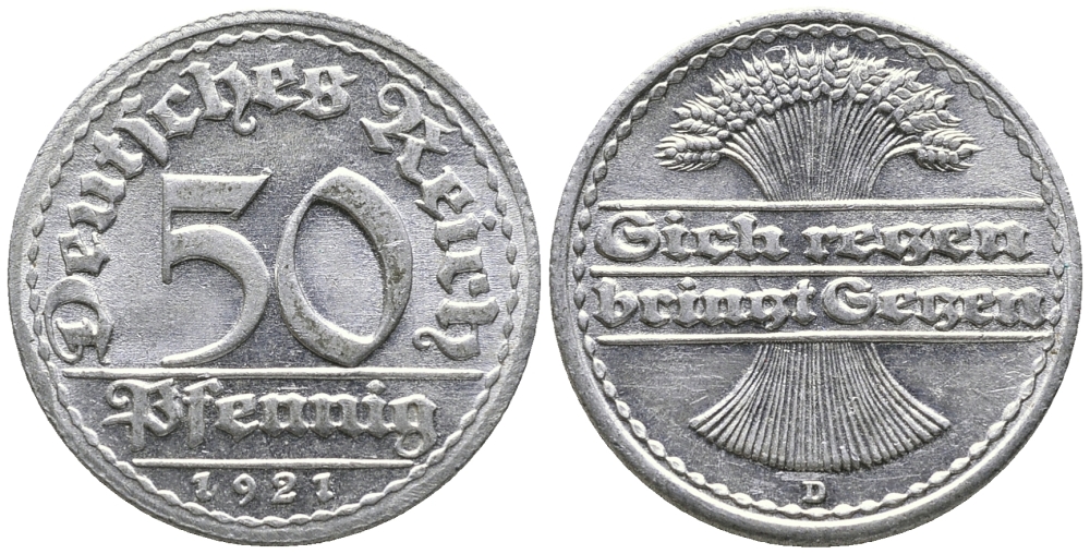 ГЕРМАНИЯ 50 ПФЕННИГОВ 1921 D KM 27, J. 301 алюминий 24-1025