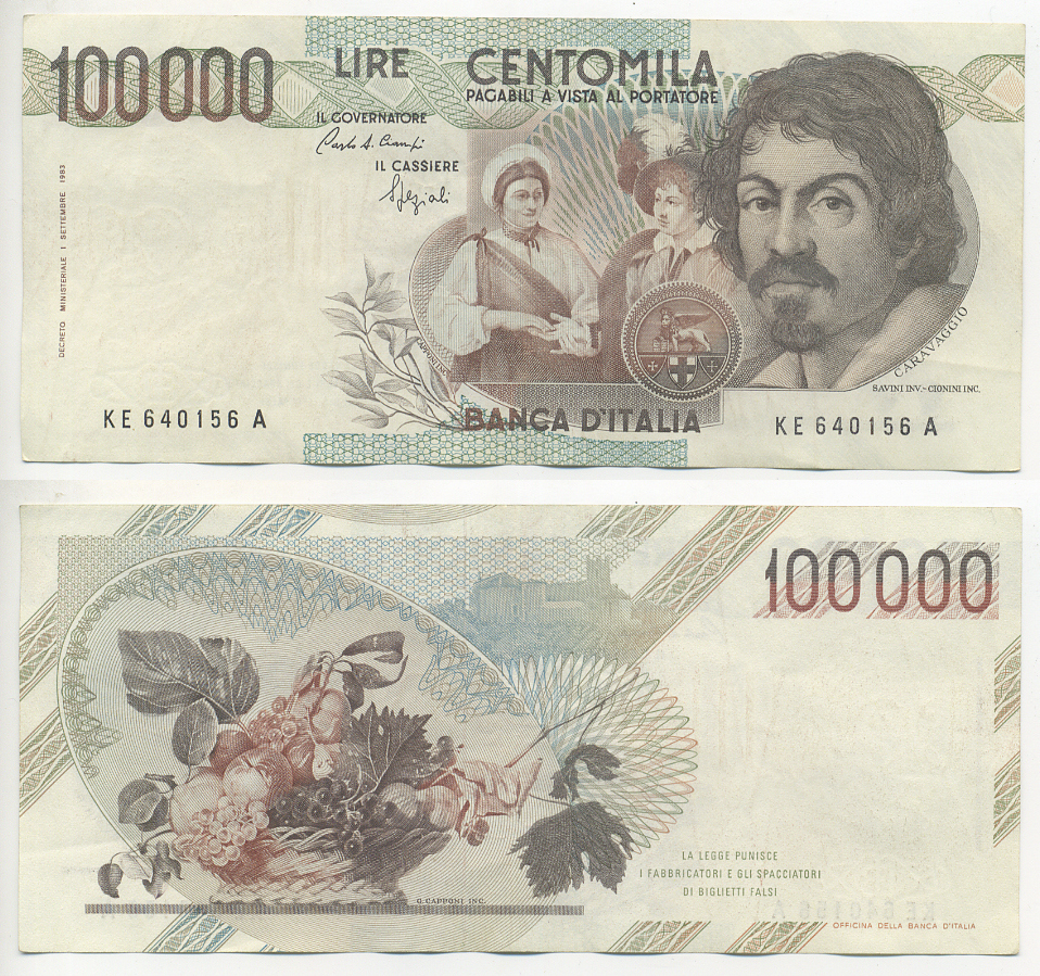 Италия 100000 лир 1983 Караваджо, фруктовый букет, подпись Speziali Pick 110b бумага 7220-21-3