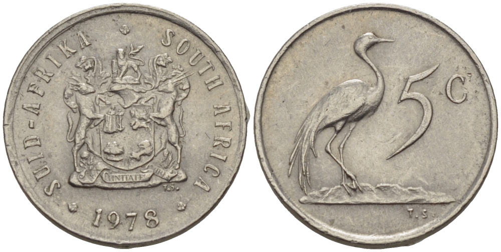 ЮАР 5 центов 1978 герб, райский журавль KM 84 никель 66-332