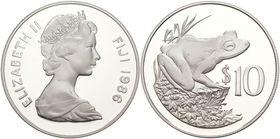 Фиджи 10 долларов 1986 серия 25 лет защиты окружающей среды, фиджийская земляная лягушка KM 55 серебро PROOF 00-00