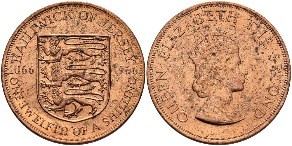 Джерси 1/12 шиллинга 1966 900 лет Нормандскому завоеванию KM 26 бронза UNC 4512-335