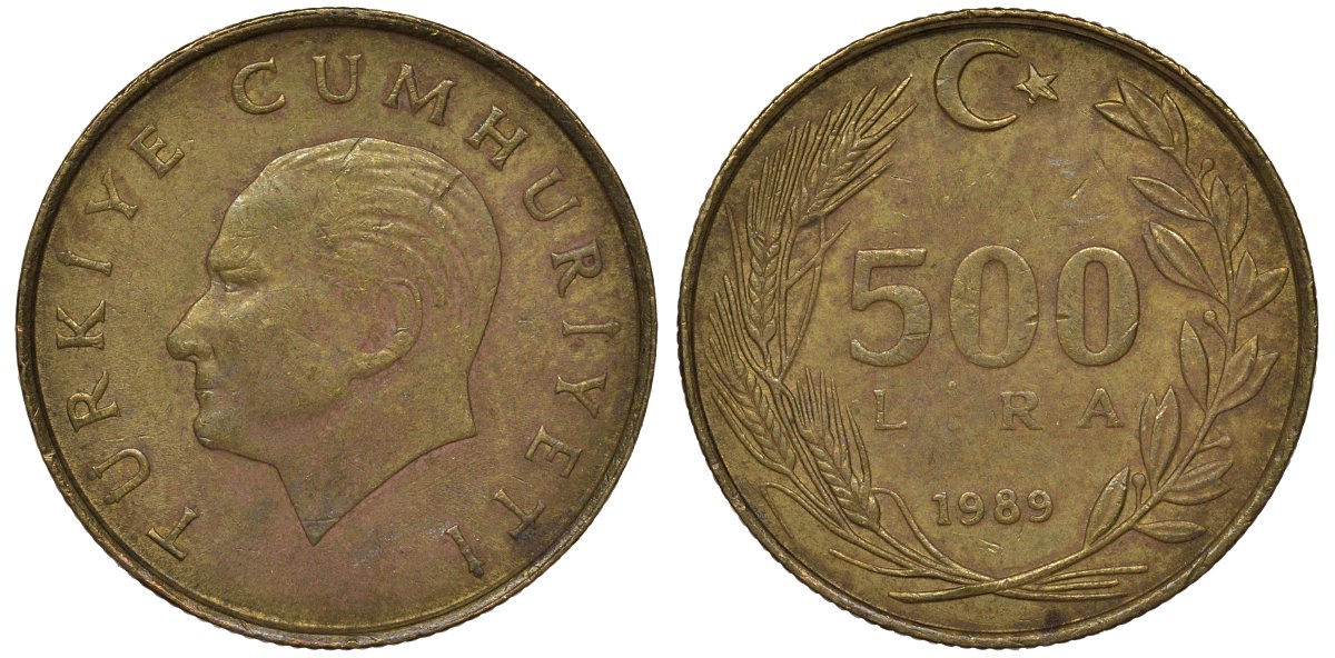 Турция 500 лир 1989 Кемаль Ататюрк KM 989 алюминиевая бронза 4122-155