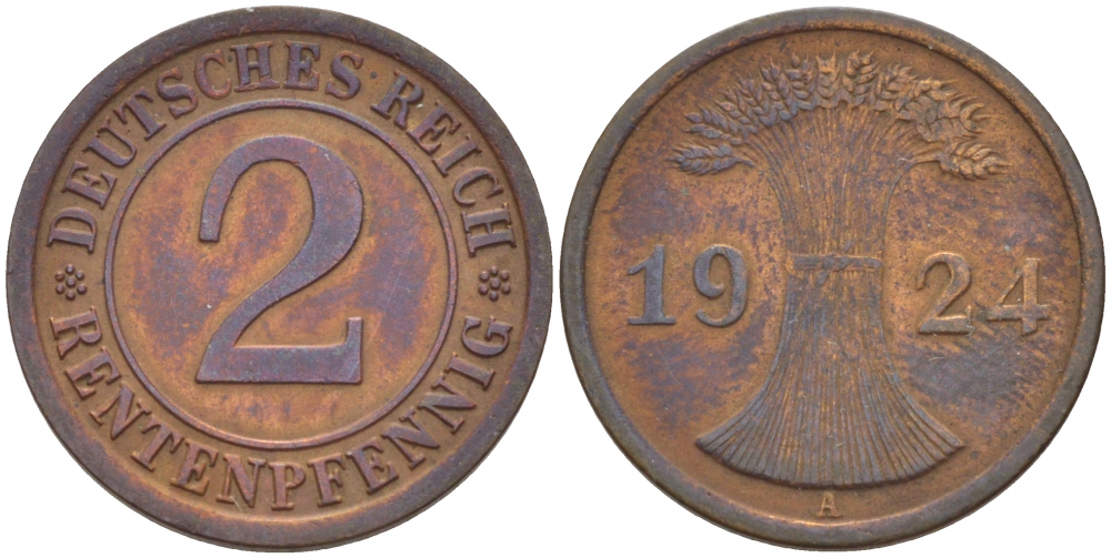 ГЕРМАНИЯ 2 РЕНТЕНПФЕННИГА 1924 A KM 31, J.307 бронза 110-235