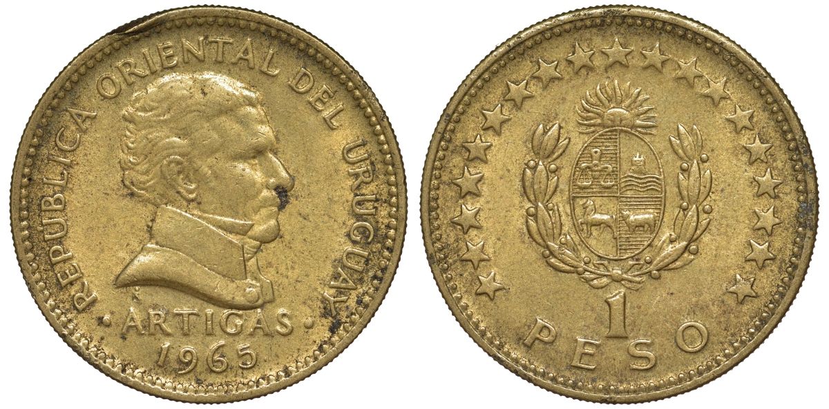 Уругвай 1 песо 1965 KM 46 алюминиевая бронза 24-812
