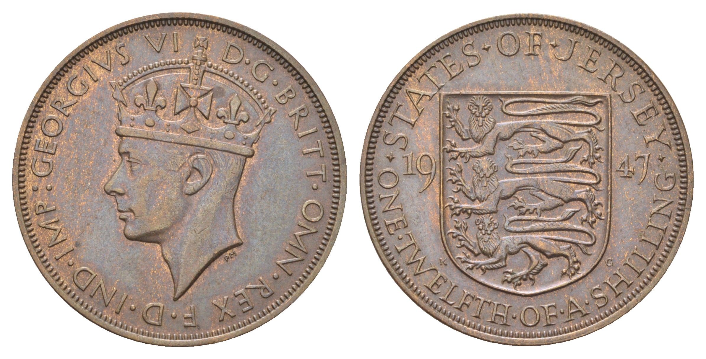 Джерси 1/12 шиллинга 1947 Георг VI (1936-1952) KM 18 бронза 4692-936