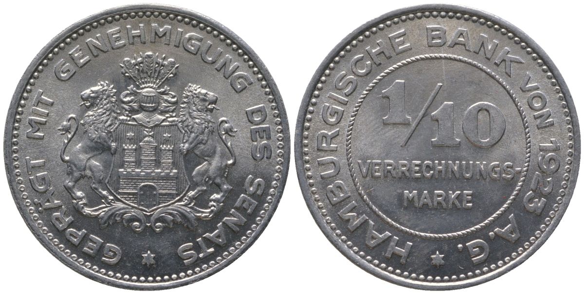 Гамбург 1/10 марки 1923 Funck 637.3, KM Tn3, Men05 10517.5, Men18 13133.6 алюминий UNC 4599-434