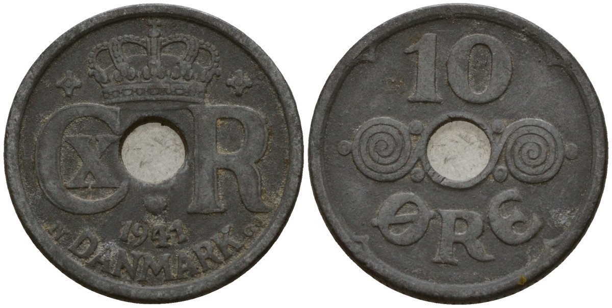 Дания 10 эре 1941 N; S, Кристиан X (1912-1947) KM 822a цинк 4189-743