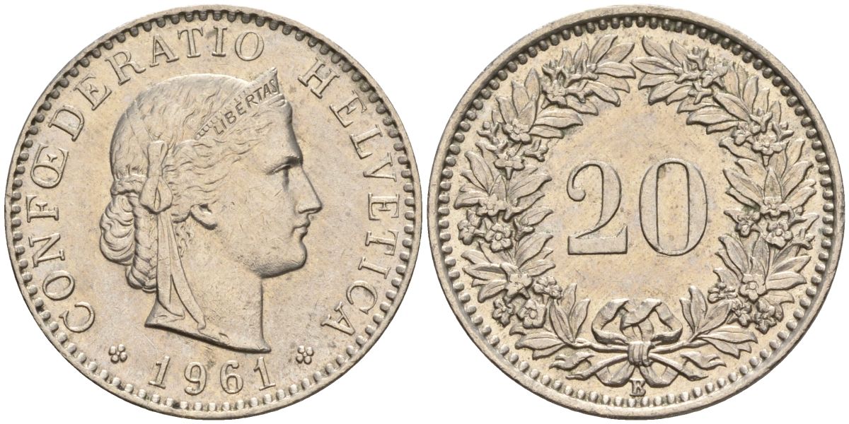 Швейцария 20 раппенов 1961 B KM 29a медно-никель 4606-754