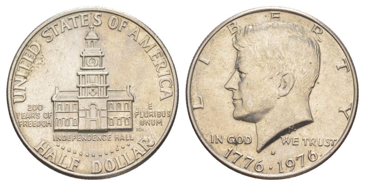 США 1/2 доллара (50 центов) 1976 D, 200 лет независимости, Джон Кеннеди KM 205 медь плакированная медно-никелем aUNC 4545-1234