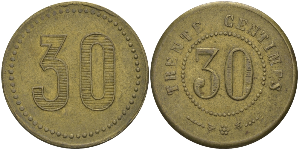 ФРАНЦИЯ 30 САНТИМОВ ND ПЛАТЕЖНЫЙ ЖЕТОН НАЧАЛА XX ВЕКА, НОМИНАЛ НА АВЕРСЕ ЦИФРАМИ И ПРОПИСЬЮ, ДИАМЕТР 24 ММ. латунь 65-342