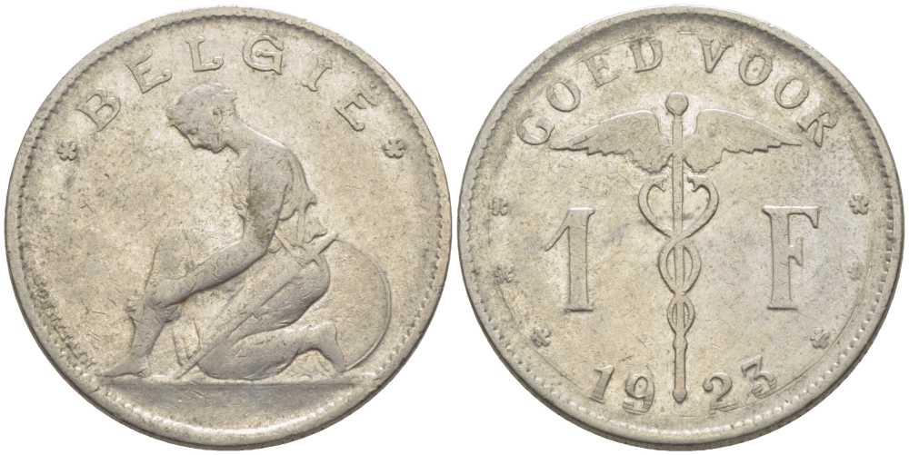 Бельгия 1 франк 1923 Belgie, Альберт I (1909-1934) KM 90 никель 119-416