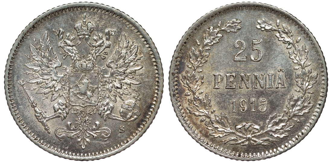 Россия для Финляндии 25 пенни 1915 S, Николай II (1894-1917) KM 6.2, Биткин 420 серебро 75-1212
