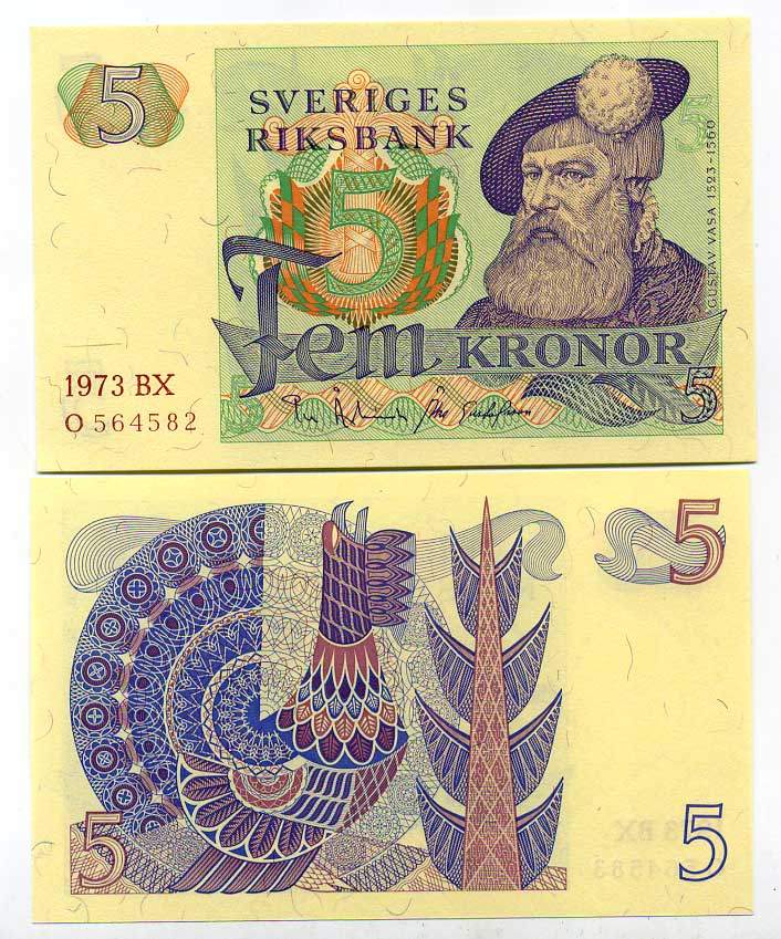 Швеция 5 крон 1973 BX, Густав I Ваза Pick 51 c бумага UNC (пресс) 445-80-1