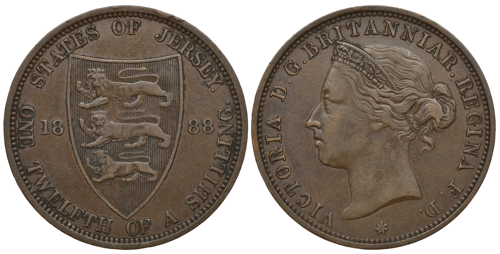 Джерси 1/12 шиллинга 1888 Виктория (1837-1901) KM 8 бронза 4389-342