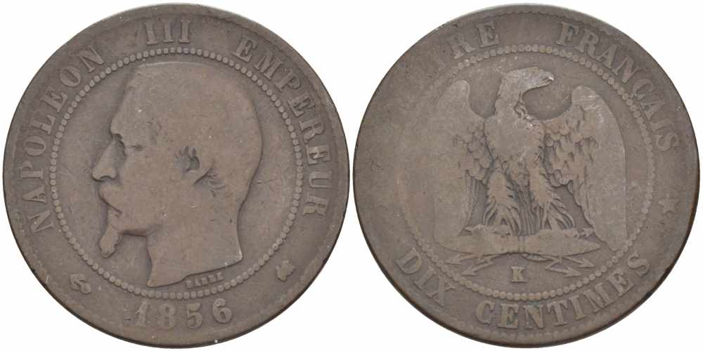 Франция 10 сантимов 1856 K, Наполеон III (1852-1870) KM 771.5, Le Franc 133.36 бронза    4680-543