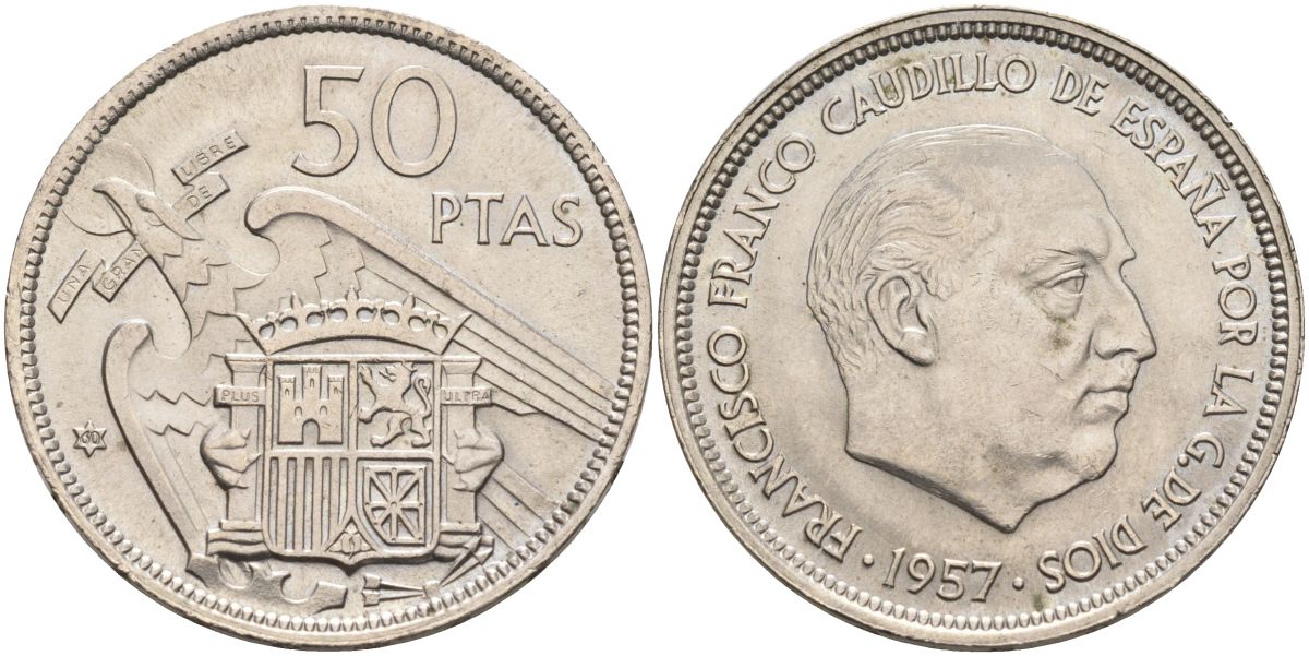 Испания 50 песет 1957 (60) Франциско Франко (1939-1975) KM 788 медно-никель aUNC 4590-931