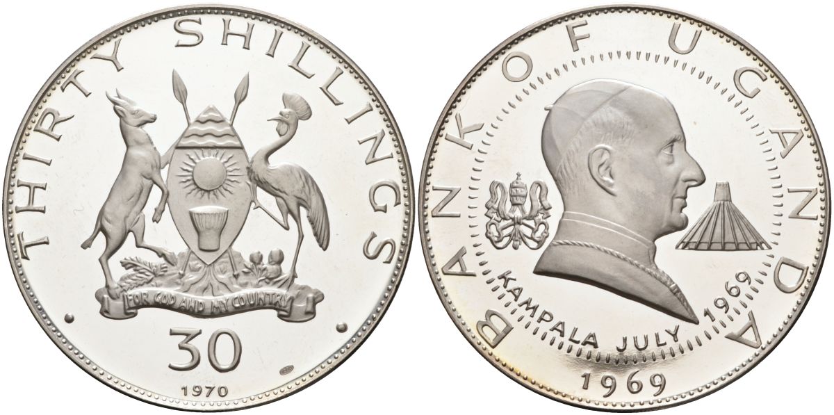 Уганда 30 шиллингов 1970 визит папы Павла VI, 60 гр. KM 13 серебро PROOF 00-00
