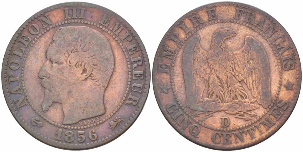 ФРАНЦИЯ 5 САНТИМОВ 1856 D, НАПОЛЕОН III (1852-1870) KM 777.4, LE FRANC 116.33 бронза 108-434