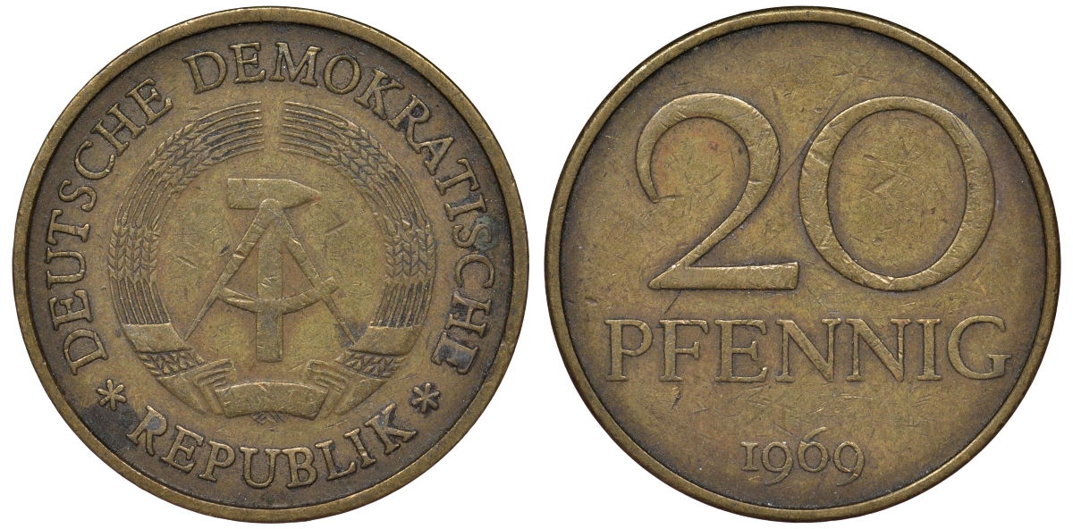 ГДР 20 пфеннигов 1969 А, первый год KM 11 латунь 62-1017