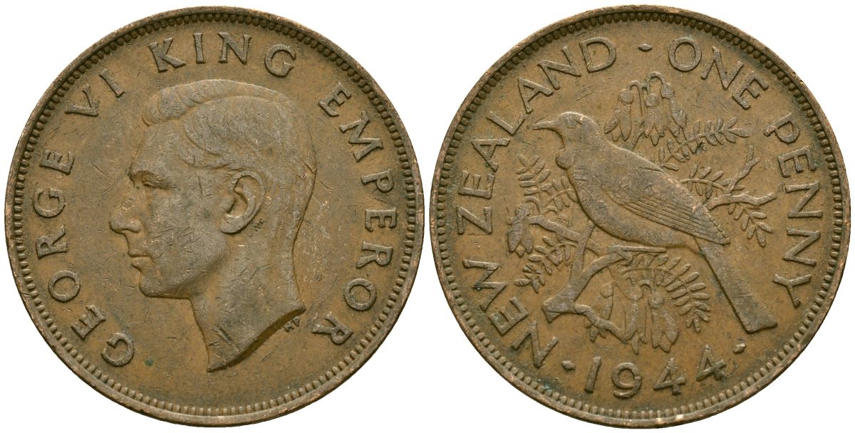 Новая Зеландия 1 пенни 1944 Георг VI (1936-1952), новозеландский туи KM 13 бронза 4165-1234