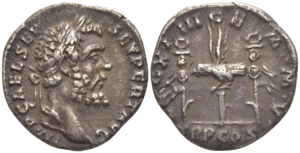 Римская Империя денарий 193 Септимий Север, IMP CAE L SEP SEV PERT AVG, бюст императора / LEG X IIII GEM M V TR P COS, орел и штандарты XIV-го легиона, Рим, 2,45 гр RIC 14 серебро 1073-18-65