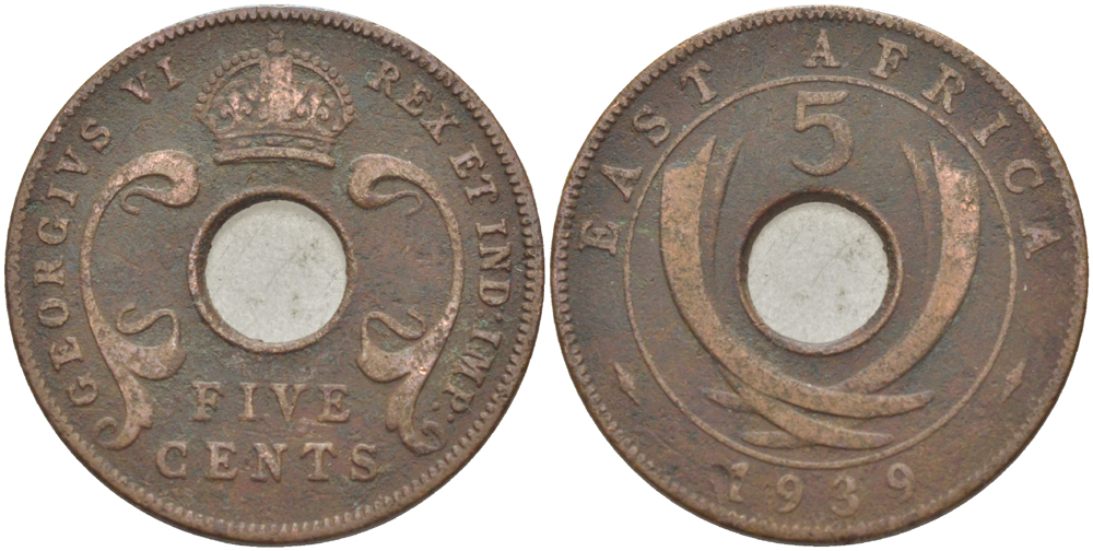 Британская Восточная Африка 5 центов 1939 Георг VI (1936-1952) KM 25.1 бронза 210-115