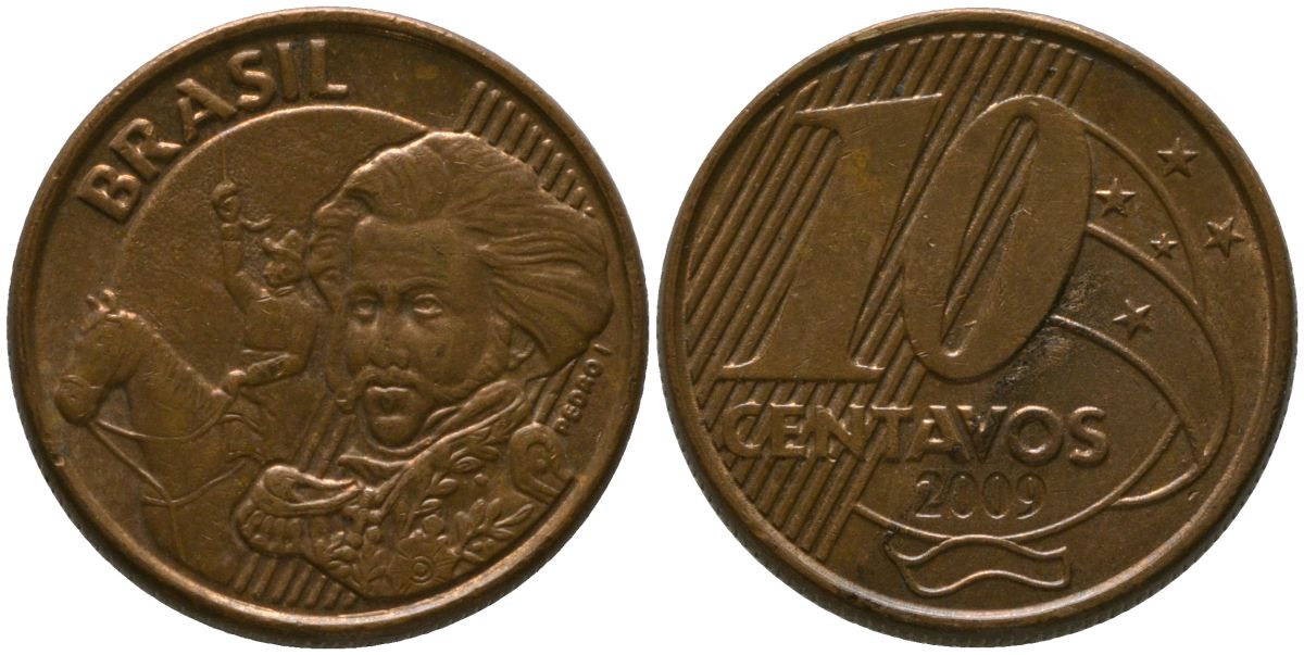 Бразилия 10 сентаво 2009 KM 649, Schon 157 сталь плакированная бронзой 4523-915