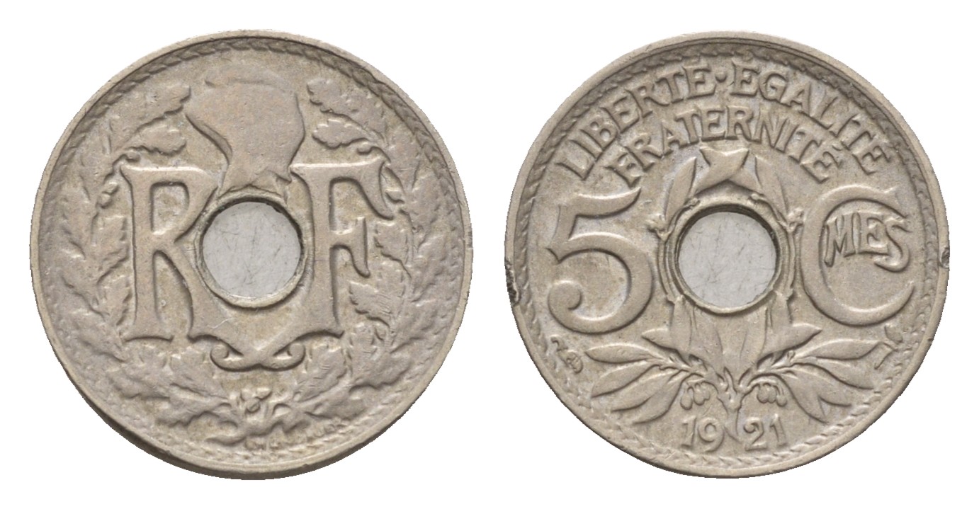Франция 5 сантимов 1921  KM 875, Le Franc 122.3 медно-никель    4124-262