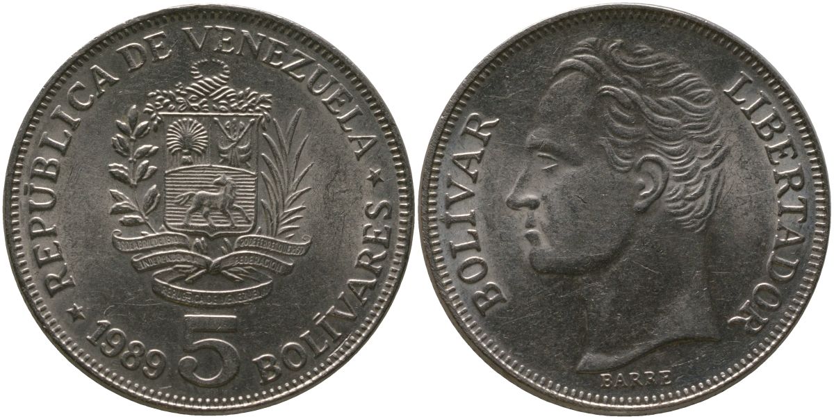 Венесуэла 5 боливаров 1989 KM 53a.1 сталь плакированная никелем 4565-236